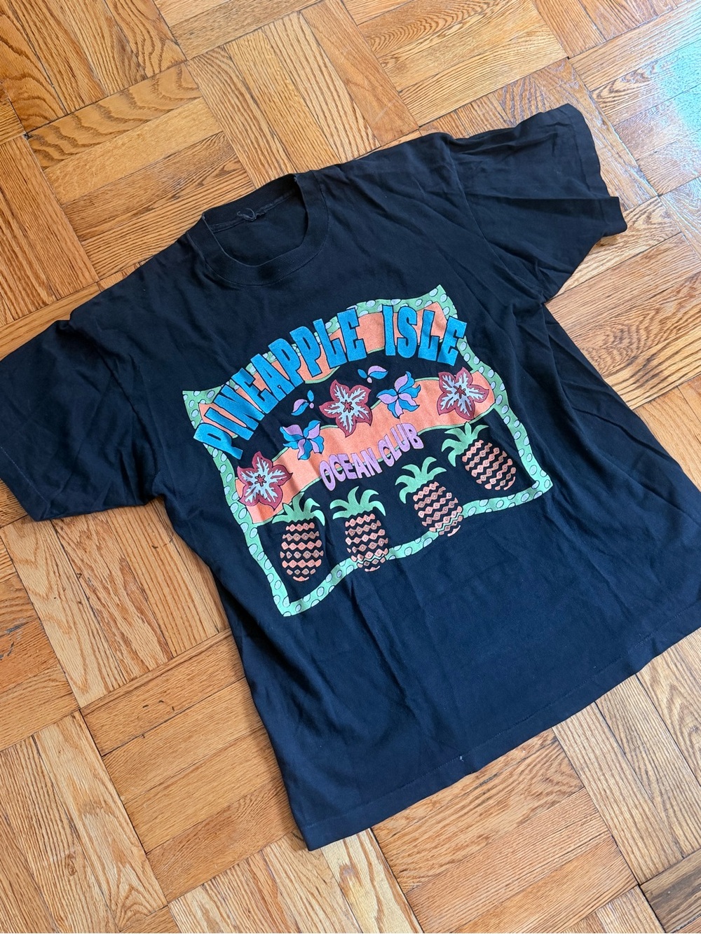 Vintage Single Stitch Pineapple Isle Graphic Tee in Black with Tropical Print